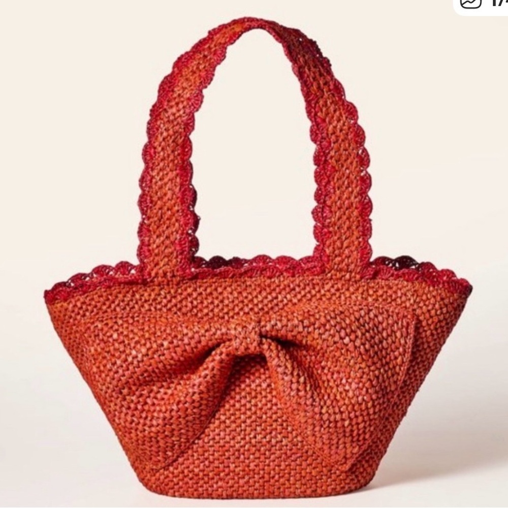 Kate Spade Woven Raffia Bow Tote Bag Orange Summer Straw Shoulder Bag ♠️ - Picture 3 of 10
